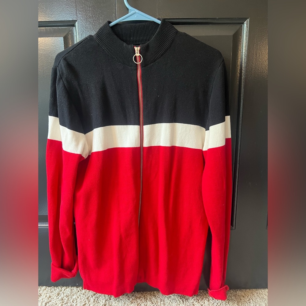 Men's Navy Blue, White, and Red Sweater